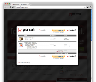 The FoxyCart cart as HTML in an iframe, in a Colorbox-generated modal window