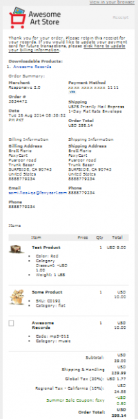 An example email receipt sent by FoxyCart using the default HTML Responsive template
