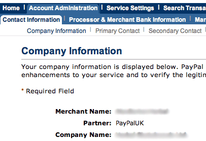 The PayPal Website Payments Pro "Company Information" screen