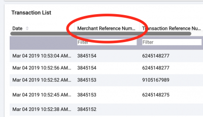 An image showing the CyberSource admin with the Merchant Reference Number column header circled.